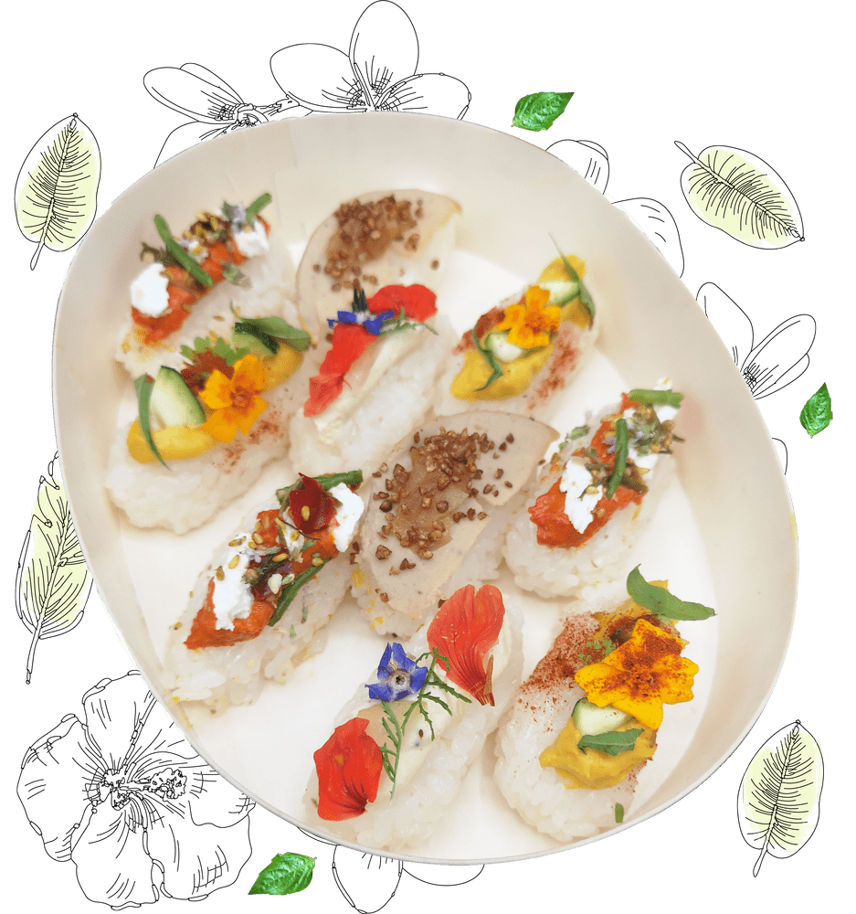 Assortiment végétal de nigiris sushis avec des produits d’exception, frais et de saison pour retrouver le goût du jardin