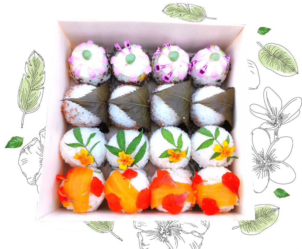 Plateau signature végétale composé de temari sushis (sushis ronds) farcis et décorés avec élégance